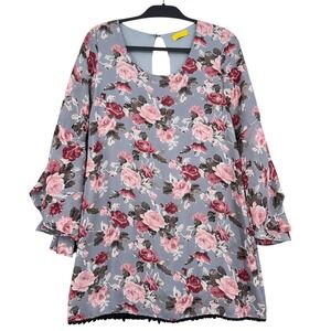 Dee Elle Floral Shift Dress Womens S 100% Polyester Gray Pink Bell Sleeve